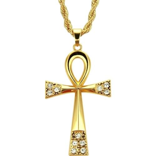 New Gold Silver Color Ankh Cross Pendant Necklace for Women Men Egyptian Cross Rhinestone Long Chain Necklace Male Jewelry
