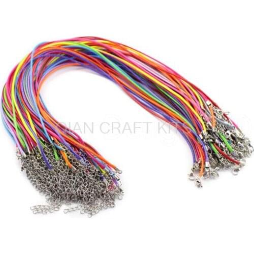 100 Pack - 18" Imitation Leather wax Cord Necklaces - Multi Color Mix - With Lobster Clasp - 2mm Thick With Extension Chain
