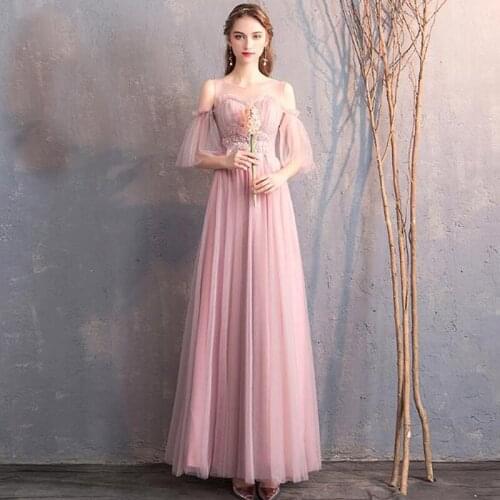 A-Line Bridesmaid Dress Pink Tulle Vestido de Fiesta Elegant Long Dress Robe de Soiree Formal Prom Dress TS-004