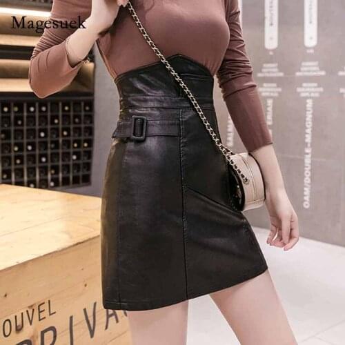 Simple A-Line Skirt 2020 Black High Waist PU Leather Skirts Women Autumn Fashion Buckle All-match Mini Skirts Streetwear 10763