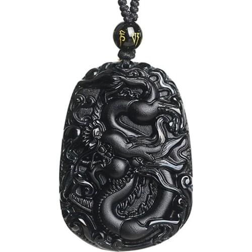Drop Shipping Natural Black Obsidian Stone Carving Chinese Dragon Lucky Amulet Pendant Necklace For mens Fine Jade Jewelry