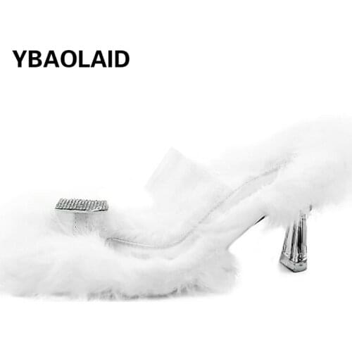 Crystal Stiletto Rabbit Fur Rhinestone Sandals and Slippers for Outer Wear Summer New Transparent Flip-flops Womens Slippers