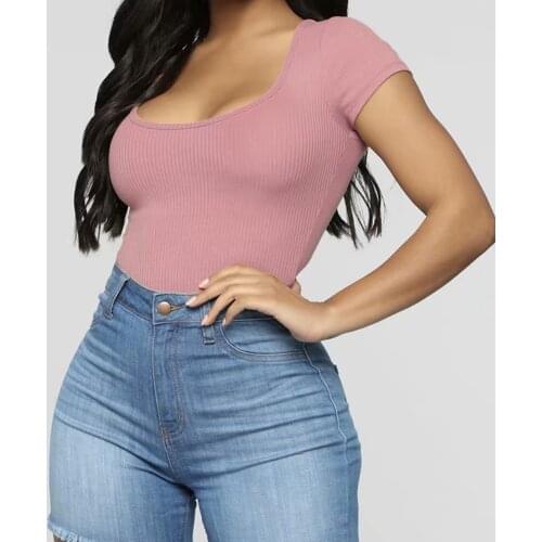 Sexy Knitted Ribbed Cropped Tops T Shirts Women Summer U Neck Short Sleeve Stretch Bodycon Tshirt Casual Pink Skinny Tee Clothes