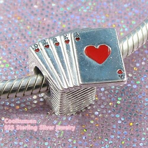Summer 925 Sterling Silver Playing Cards Charm, Red & Black Enamel Beads Fit Original Pandora Charms Bracelet DIY jewelry