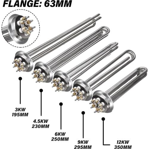 2" Tri-clamp (OD63) 220V Electrical Heating Element Immersion Water Heater Water Oil Heater Pipe 3/4.5/6/9/12KW All 304SUS