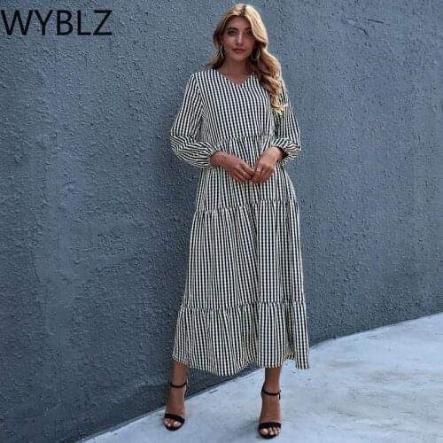 WYBLZ New 2021 Spring Summer Women Dress Loose V-neck Half Sleeve Striped Long Dresses Long Sleeve A-line Boho Vestido Robe