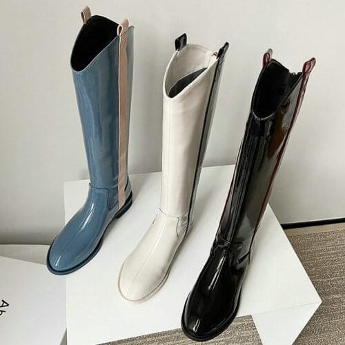 Black Blue Beige Patent Leather Women Knee High Boots Comfortable Flat with Round Toe Calf Boots 2021 High Quality Cow Boots