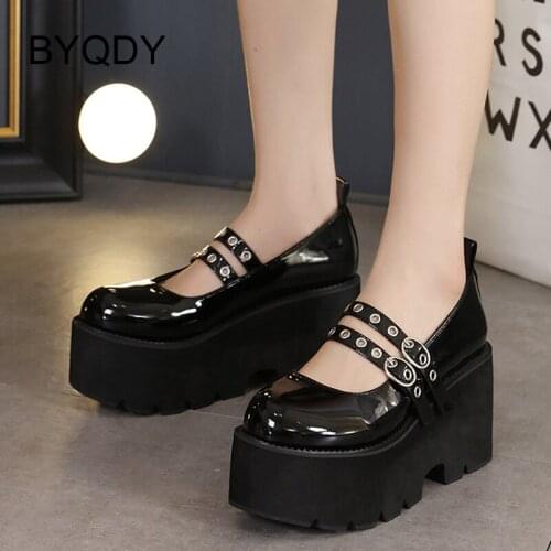 BYQDY Patent Leather Mary Jane Shoes Lolita Girls Japanese Style LO Cosplay Thick Bottom Platform Heel Women Creepers Shoes