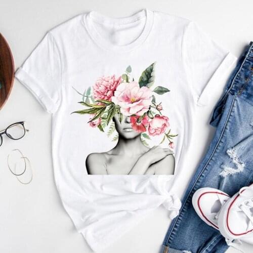 Women Graphic Cartoon Floral Flower Ladies 90s Short Sleeve Summer Fashion Print Female Clothes Tops Tees Tshirt T-Shirt