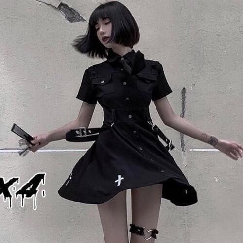 Harajuku Punk Style Gothic Dress 2021 Japanese Summer New Short Sleeve Emo Black Mini Dress Women Black Shirt Mini Goth Dresses