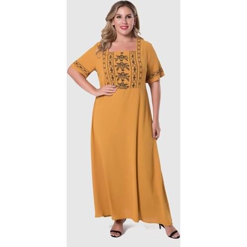 Plus Size 4XL Print Square Neck Dress For Women Short Sleeve Casual Swing Long Maxi Dresses 2021 Summer Abaya Ethnic