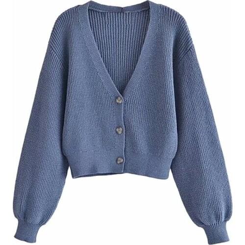ZXQJ Women 2021 Chic Fashion Covered Button Knitted Cropped Cardigan Sweater Vintage Lantern Sleeve Female Outerwear Tops