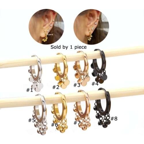 1 Piece Stainless Stee Bead Tassel Hoop Clicker Earrings for Lobe Silver Gold Rose Gold