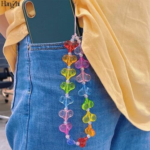 HangZhi 2021 New Trendy Rainbow Color Bright Resin Acrylic Transparent Heart Cell Phone Chain for Women Mobile Phone Beads Strap