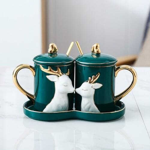 Luxury Ceramic Coffee Mug with Spoon Personalised Deer Couple Milk Mug Wedding Gifts Creative Esspresso Cups Drinkware DA60MKB