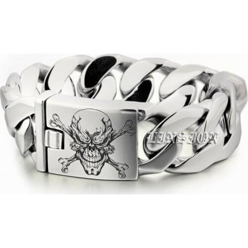 LINSION Huge Heavy 316L Stainless Steel Deep Engraved Pirate Skull Mens Biker Rock Punk Curb Link Bracelet 5C105