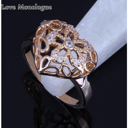 Love Monologue Special Design Yellow Gold Color White Cubic Zirconia Heart-shaped Hollow Ring Size #7 #9 X0004 Free Jewelry Bag