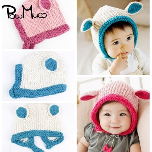 Powmuco Lovely Handmade Crochet Cat Ears Baby Girls Hats Fashion Knitted Wool Newborn Caps Children Warm Headwear Photo Props
