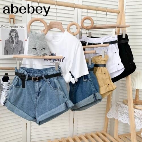 Fashion versatile solid Shorts curled design high waist pleated casual Wide Leg Denim Shorts with belt 2021 New Summer