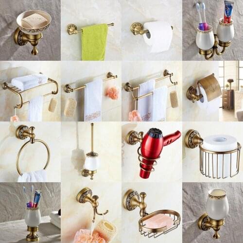 Antique Brass Carved Bathroom Accessories Set Bath Hardware Towel Bar Soap Dish Toilet Paper Holder Robe Hook mm007