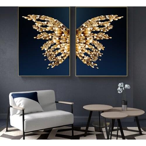 Nordic Golden Butterfly Crystal Wing Picture Canvas Painting Abstract Posters and Prints Wall Picture for Living Room Home Decor