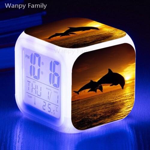 Jumping dolphin alarm clock 7 color glowing LED digital alarm clock multi-function electronic watch for children' birthday gifts