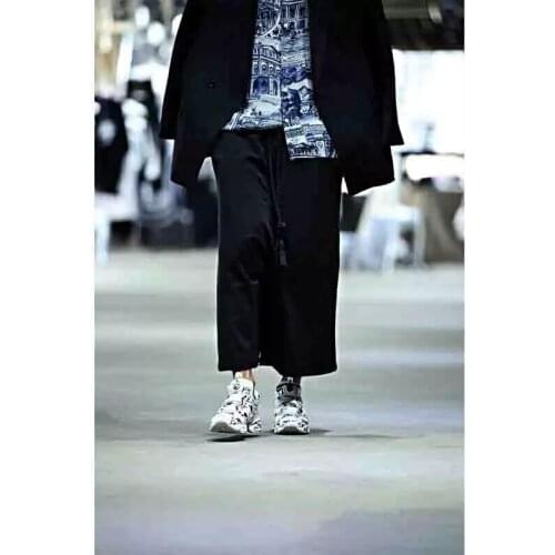 Mens new solid color lace up loose trend nine point pants skirt pants black versatile Korean Japanese fashion personality