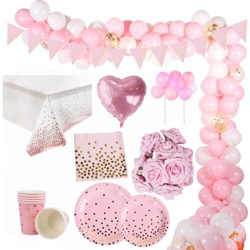 Pink Dot Disposable Tableware Girl Birthday Cup Plate Straws 1st Birthday Balloon Wedding Decor Kids Baby Shower Party Supplies