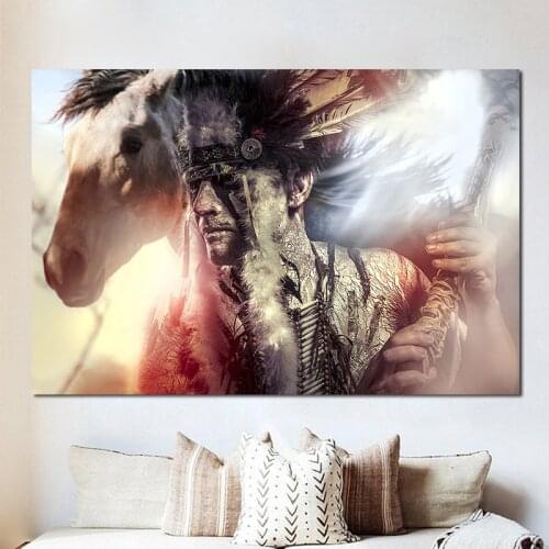 Native Indian with White Horse Animals Wall Art Canvas Painting Poster Print Nordic Art Wall Picture for Living Room