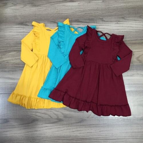 Girlymax Fall/winter Wine Burgundy Mustrad Blue Baby Girls Chlidren Clothes Solid Color Dress Ruffles Knee Length Kids Clothing