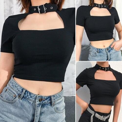 Sexy Cropped Hollow Out T Shirt Women Adjustable O-Neck Short Sleeve T-Shirt Summer Streetwear Tee Shirt Tops