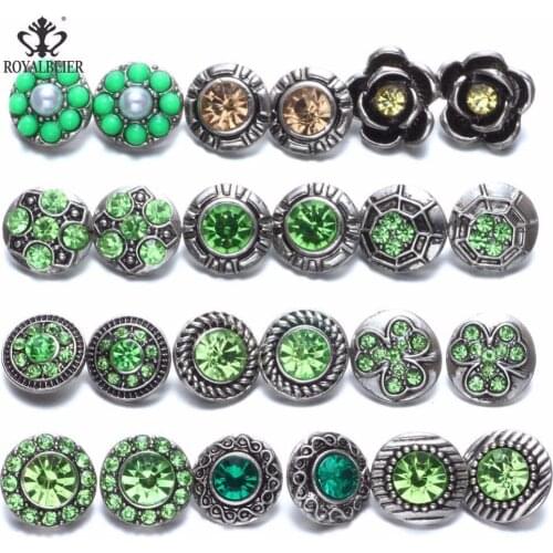 Royalbeier 24pcs Green Mixed Pairs Rhinestone Styles Metal Charms 12mm Snap Button Jewelry For Snaps Bracelet Snap Jewelry