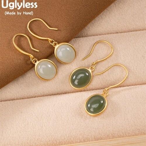 Uglyless Simple Fashion Oval Gemstones Earrings for Women Hotan Jade Earrings 925 Silver Brincos Bijoux Gold Minimalist Jewelry