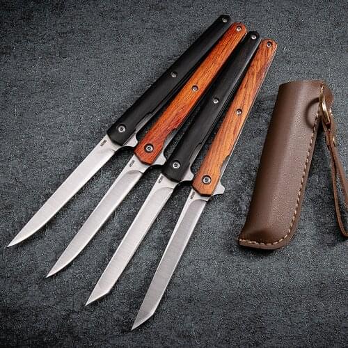 High Quality Damascus M390 Folding Pocket Knife Ironwood Handle EDC Self Defence Knives + Sheath Outdoor Survival Camping Knife