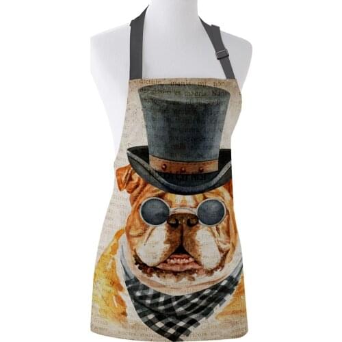 Funny Apron English Bulldog Cowboy Retro Old Newspaper Pet Dog Kitchen Aprons for Women Man Kids Home Cooking Baking Waist Bib