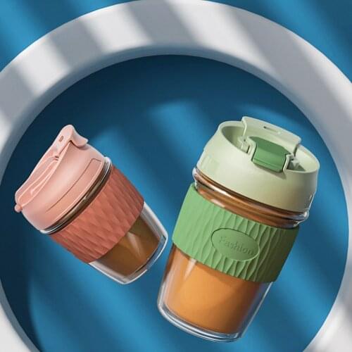 Glass Coffee Cup With Straw Outdoor 350ML PortableTravel Car Carrying Water Bottle Leak-Proof Non-Slip Office Home Coffe Mug