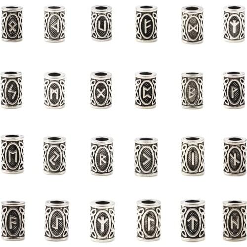 Vintage Spacer Beads Hair Braiding Dreadlock Beads Cylinder Antique Silver Color Viking Rune DIY Jewelry About 13mm x 8mm,30PCs