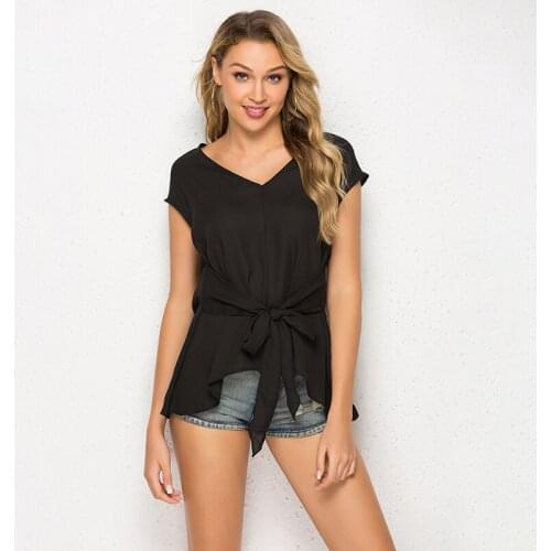 Women T-Shirt Summer Short-Sleeved Top Tee Fashon Loose V-Neck Waist with Irregular Hem Package Hip Solid Tops Tees Femme