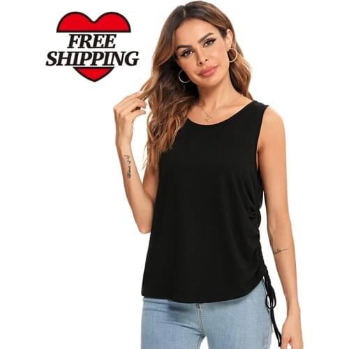 Summer Womens Round Neck Solid Color Sleeveless Vest Fashion Commuting Leisure Drawstring Bandage Slim Inside With Ladies Top