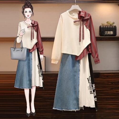 New spring plus size women fashion sets Korean casual shirt stitching top + mid-length denim stitching skirt two-piece set s251