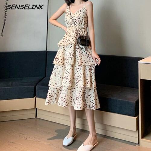 2021 Brand New Women Sling Dress Floral Cake Dress Loose Long Mid-Length Waist Dress Fashion Sexy One-Neck Club Dress Women