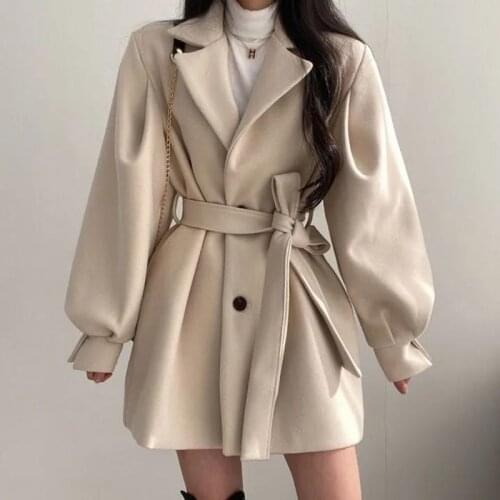 Womens Clothing Coats Jackets Wool Blends Chic Belt Lace Up Waist Slim Lapel Two Button Lantern Sleeve Woolen Coat 3241502