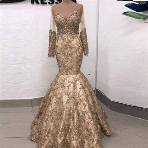 Saudi Arabia Robe De Soiree Sheer Neck Illusion Long Sleeves Prom Dresses Lace Appliques Beaded Mermaid Evening Gowns To Party