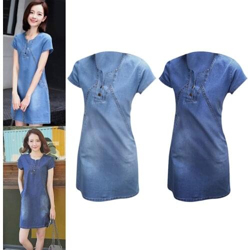 Women Spring Summer Denim Dress Slim Fit Short Sleeve Shirt Dresses Sundress