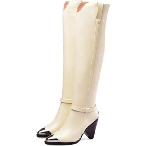 Winter Boots Women Spike Heeled Metal Pointed Toe Wide Calf Slip On Leather Boots Over The Knee Fashion Runway Solid Shoes