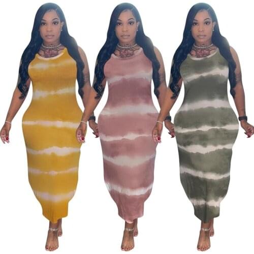 ZKYZWX Sexy Tie Dye Loose Dress Sleeveless Summer Vacation Outfits for Women Birthday Night Party Clubwear Ladies Maxi Dresses