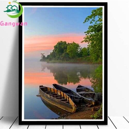 5d DIY Diamond Painting fog lake boat Full Square Drill round Crystal Mosaic green tree Picture Diamond Embroidery Cross Stitch
