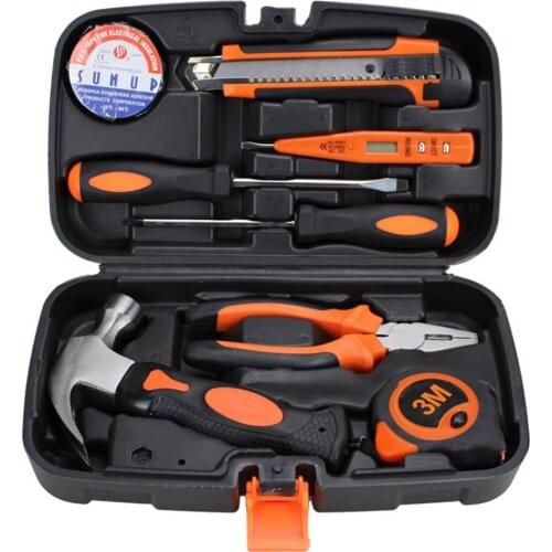 9PCS Hand Tool Hardware Kit Screwdriver Tape Measure Combination Pliers Claw Hammer Utility Knife Carbon Steel Material Tool Box