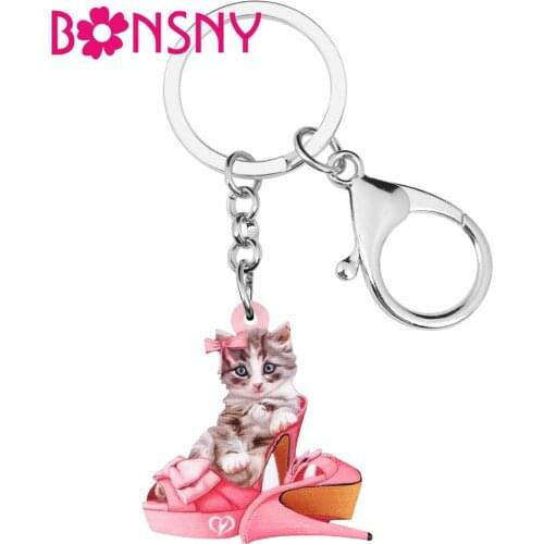 Bonsny Acrylic Valentines Day High heels Teacup Cat Key Chains Ring Bag Car Wallet Keychain For Women Girl Teen Decoration Gift