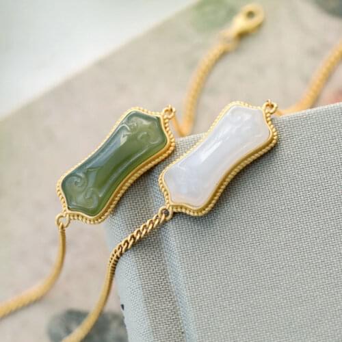 Natural Hetian White Jade Gray Jade Bracelet S925 Sterling Silver Inlaid Personality Retro All the Best Elegant Bracelet